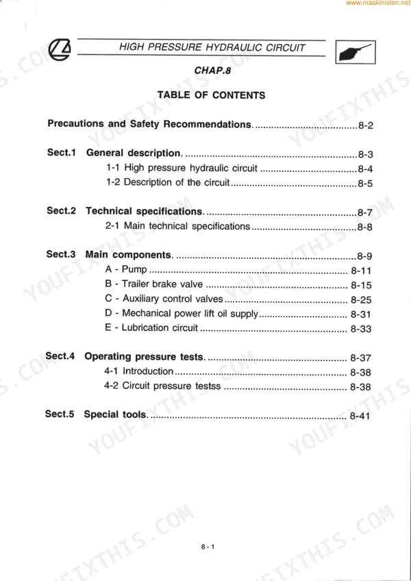 Landini Atlantis 70-100, Ghibli 80-100 Chapter 8 High Pressure Hydraulic Circuit table of contents page.