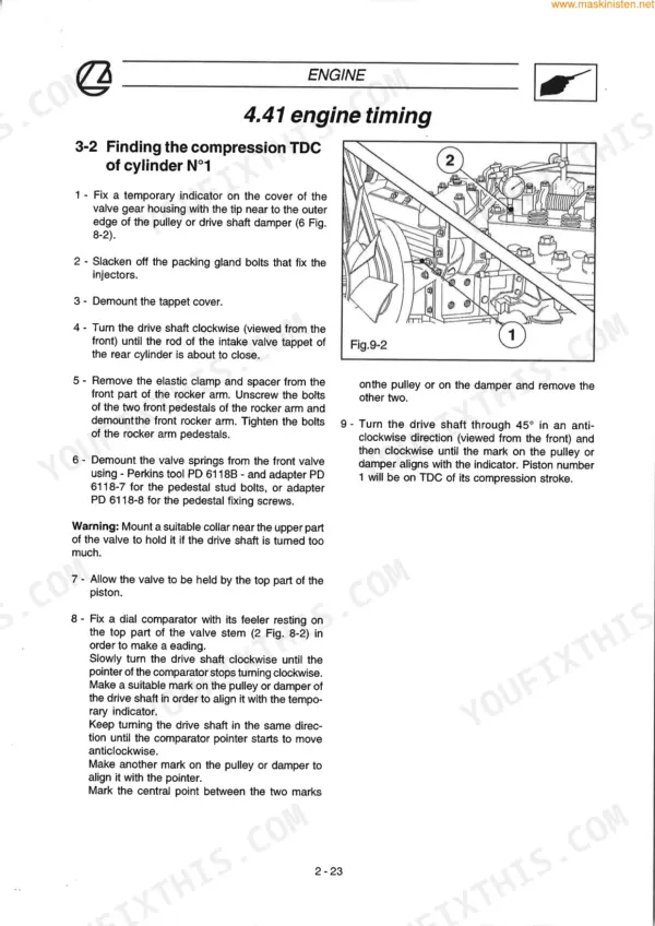 Landini Atlantis 70-100, Ghibli 80-100 engine timing procedure for finding compression TDC of cylinder number 1.