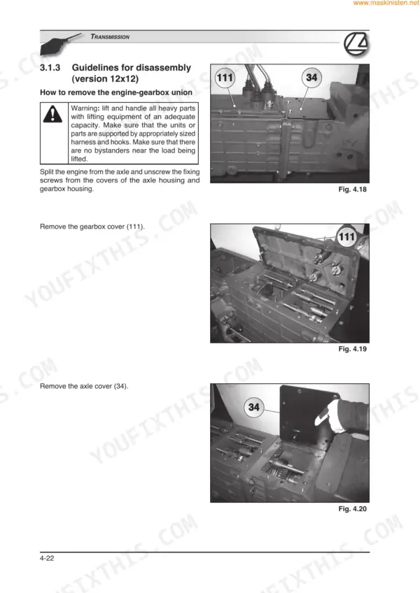 Landini Globalfarm 95-105: Transmission disassembly procedure, removing gearbox cover 111 and axle cover 34 with photos.