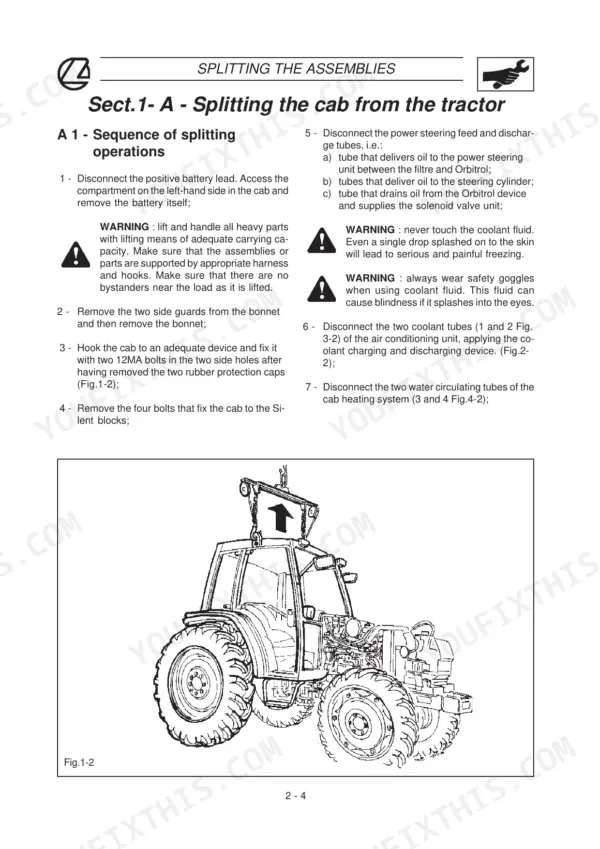 Landini Globus 55/65/80 service manual procedure for splitting the cab from the tractor chassis.