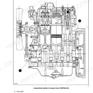 Landini MISTRAL 40, 45, 50 engine longitudinal section diagram showing drive shaft and camshaft components.
