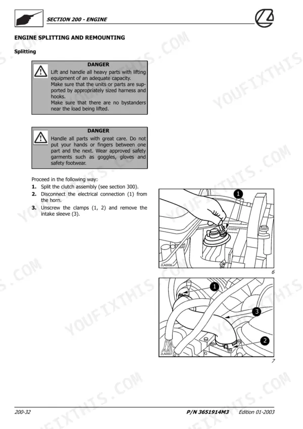 Landini MISTRAL 40, 45, 50 engine splitting procedure, disconnecting horn electrical connection and intake sleeve.