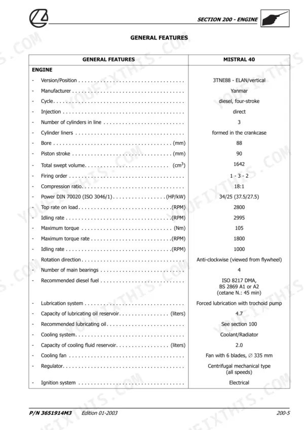 Landini MISTRAL 40, 45, 50 engine general features specification table including bore, stroke, and torque data.