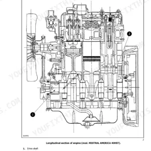 Landini MISTRAL AMERICA 40HST, 45HST, 50HST engine longitudinal section diagram showing drive shaft and camshaft.