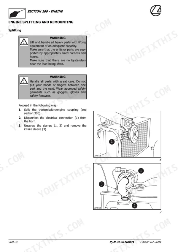 Landini MISTRAL AMERICA 40HST, 45HST, 50HST engine splitting procedure, horn and intake sleeve removal diagrams.