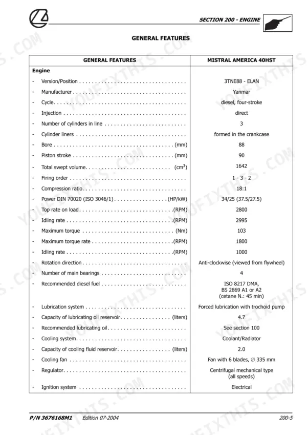 Landini Mistral America 40HST, 45HST, 50HST engine general features specification table.