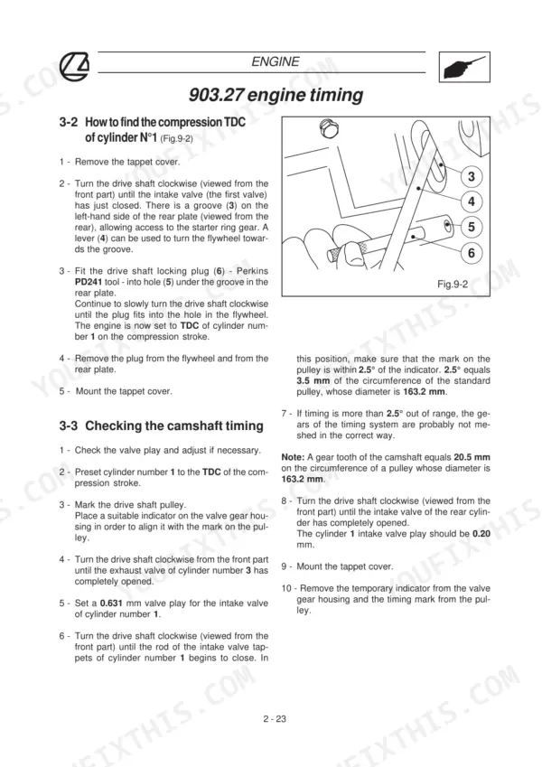 Landini Rex Series engine timing procedure showing TDC cylinder 1 and camshaft timing adjustment.