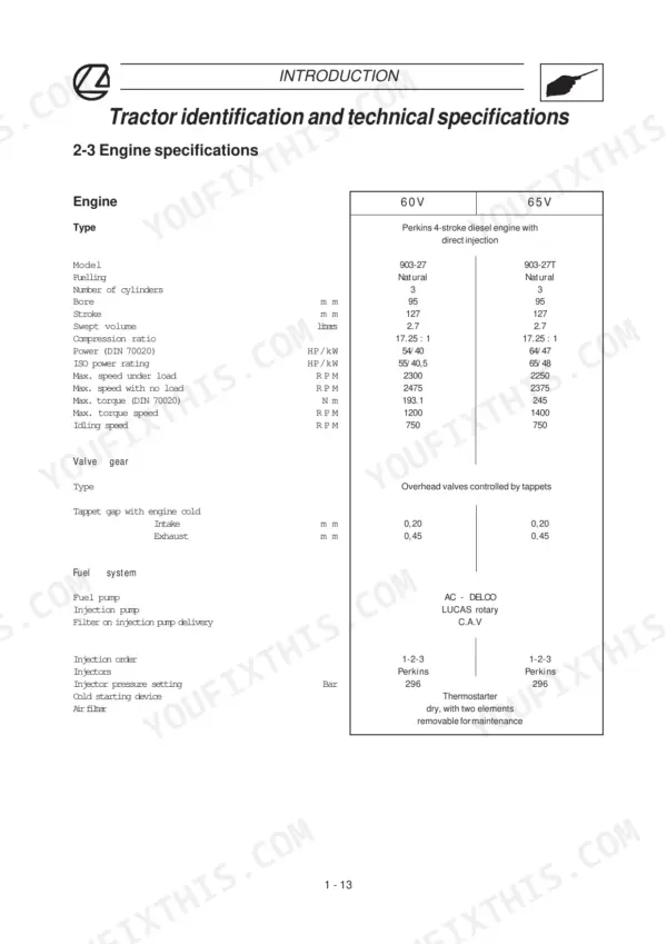 Landini Rex 60V and 65V engine specifications table with bore, stroke and power ratings.