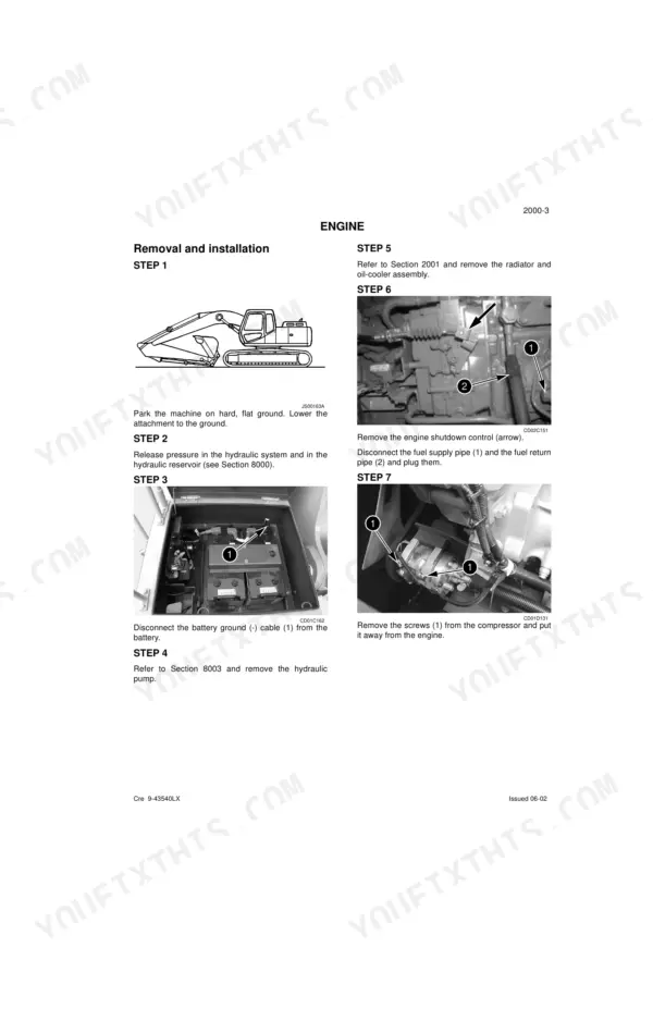 Link-Belt 330LX engine removal and installation procedure steps 1 through 7 with component photos.