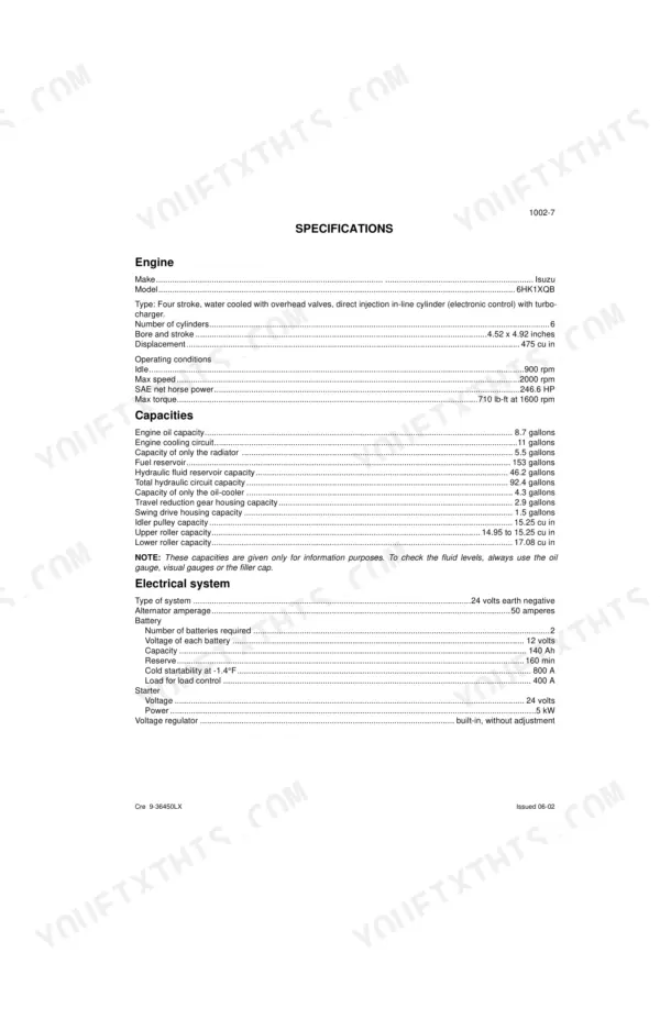 Link-Belt 330LX specifications table for engine, fluid capacities, and electrical system components.