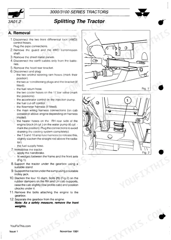 Massey Ferguson 3000, 3100, 3050, 3060, 3065, 3070, 3080, 3095, 3115, 3120, 3125, 3140, 3000/3100 tractor splitting removal procedure.