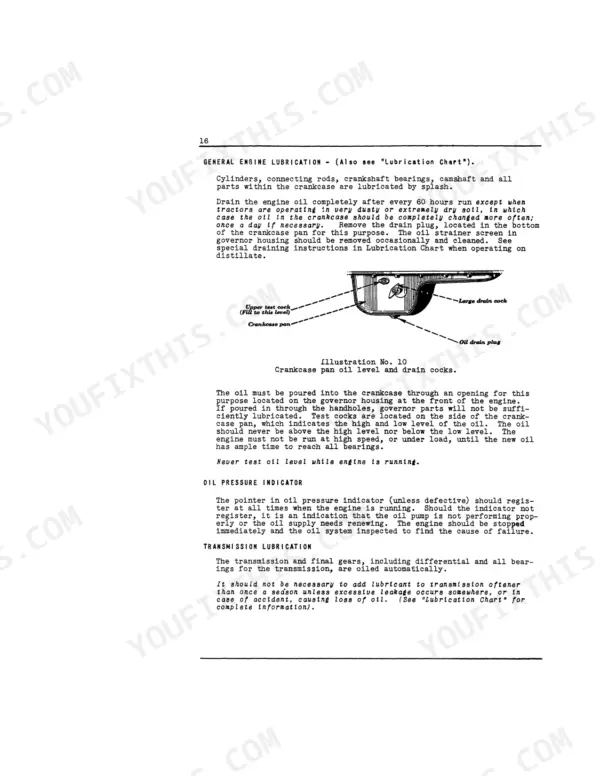 McCormick-Deering F-30 Farmall Tractor manual: engine lubrication, crankcase pan diagram, oil level, and drain procedures.