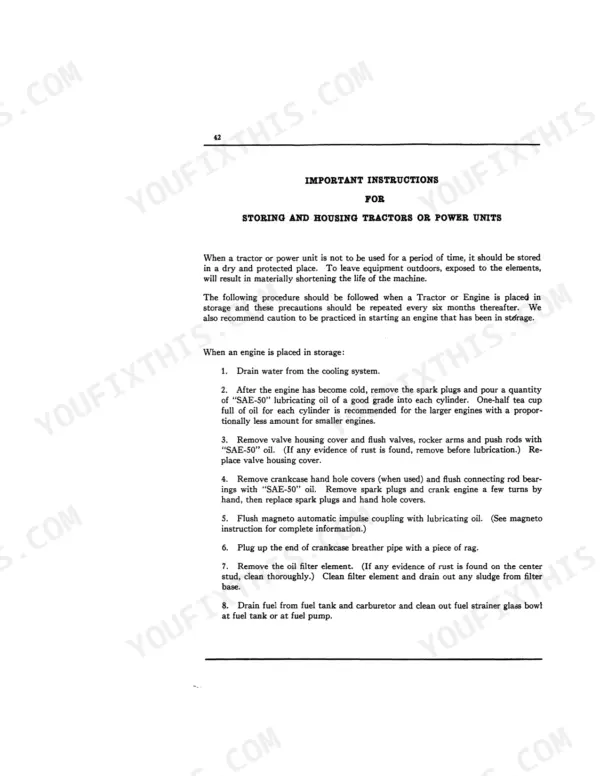 McCormick-Deering Farmall Tractor F-30 manual page 42, instructions for storing and housing tractors and power units.