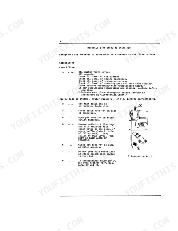 McCormick-Deering Farmall Tractor F-30 manual page for lubrication and engine cooling system filling procedures.