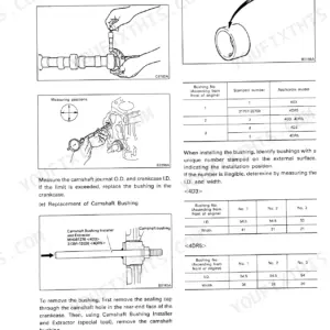 Mitsubishi 4D31, 4D31-T, 4D32, 4DR5 camshaft bushing clearance measurement, replacement procedures, and specification tables.