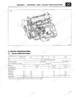 mitsubishi-4d31-to-4dr5-diesel-engine-shop-manual-97811-03021-na-torque-15.webp Mitsubishi 4D31, 4D31-T, 4D32, 4DR5 engine external view diagram and major specifications table with dimensions.