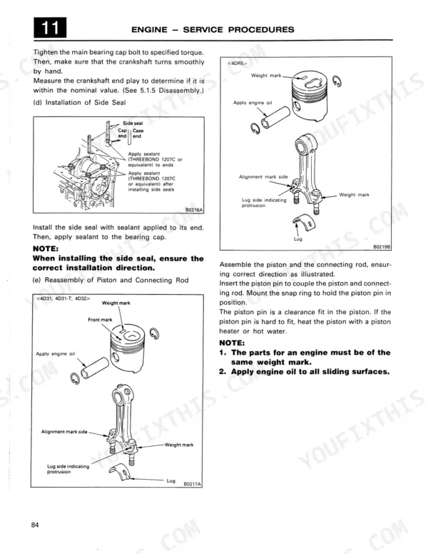 Mitsubishi 4D31, 4D31-T, 4D32, 4DR5 engine procedures for side seal installation and piston connecting rod assembly.