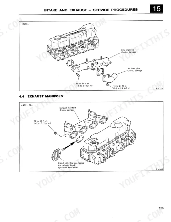 Mitsubishi 4D31, 4D31-T, 4D32, 4DR5 intake and exhaust manifold exploded view diagrams with torque specifications.