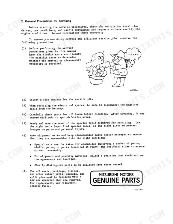 Mitsubishi 4D31, 4D31-T, 4D30, 4DR5, 6DR5, 4D3, DR general service precautions and safety procedures manual page.