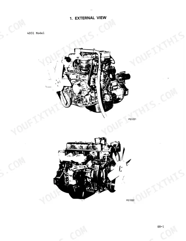 Mitsubishi 4D31, 4D31-T, 4D30, 4DR5, 6DR5, 4D3, DR engine external view diagrams showing front and side profiles.