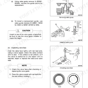 Mitsubishi 4DQ7, S4S engine manual: procedures for removing, installing valve guides and checking valve face contact.