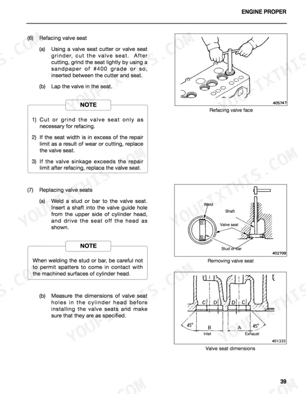 Mitsubishi 4DQ7, S4S engine manual: valve seat refacing, seat replacement procedure, and valve seat dimension diagrams.