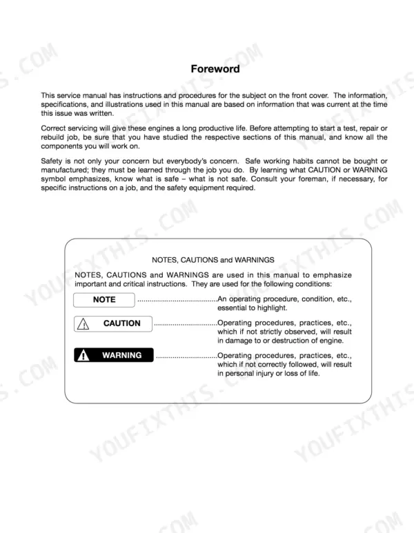 Mitsubishi 4DQ7, S4S service manual foreword page explaining notes, cautions, and warning symbols definitions.