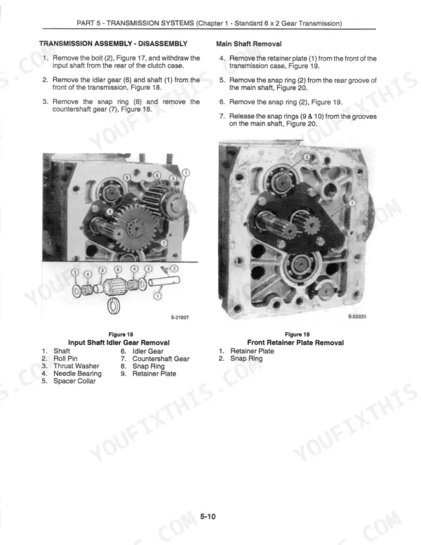 New Holland 1215, 1120, 1220, F1215 transmission disassembly, idler gear removal, and main shaft retainer plate removal steps.