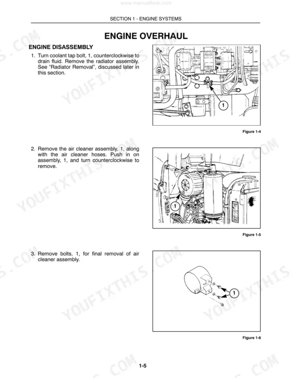 New Holland 1530-TC33D engine disassembly procedure showing coolant tap bolt, air cleaner assembly removal, and bolt diagrams.