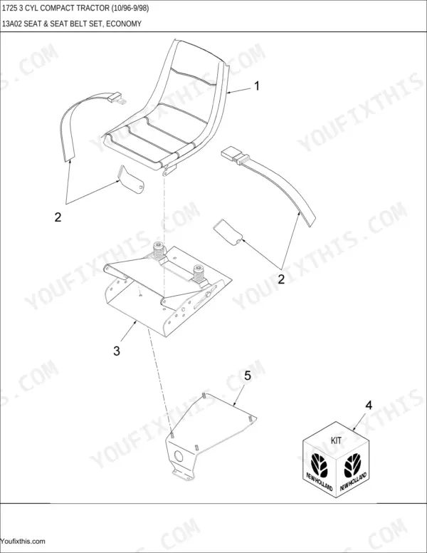 New Holland 1725, 1725 3 CYL exploded view diagram of economy seat, seat belt set, and mounting bracket components.