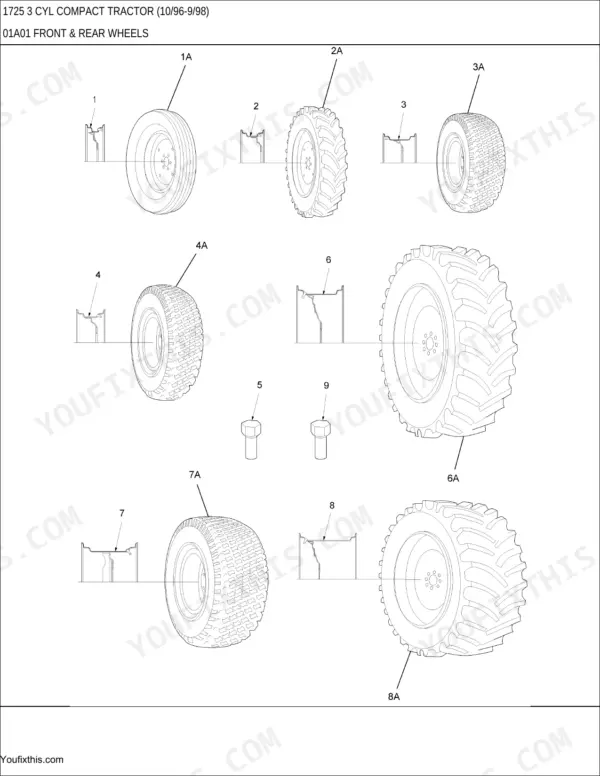 New Holland 1725, 1725 3 CYL exploded view diagram of front and rear wheel rim and tire assemblies.