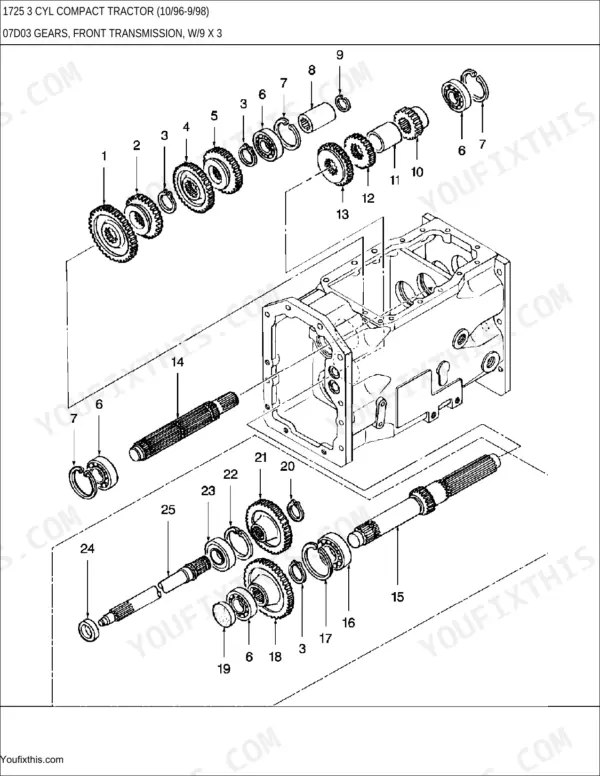 New Holland 1725, 1725 3 CYL exploded view diagram of front transmission gears, shafts, and bearings.