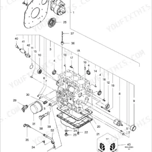 New Holland 1725, 1725 3 CYL exploded view diagram of the engine cylinder block, oil filter, and starter assembly.