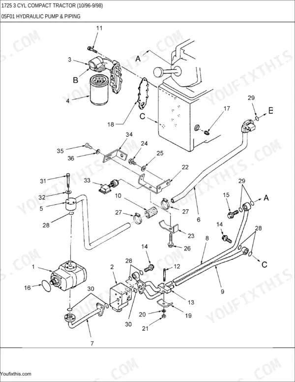 New Holland 1725, 1725 3 CYL exploded view diagram of hydraulic pump, filter, and piping assembly components.