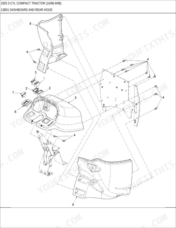 New Holland 1925, 1925 3 CYL exploded view diagram of the dashboard, rear hood, switches, and mounting hardware.