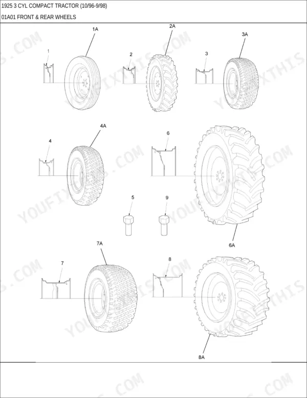 New Holland 1925, 1925 3 CYL exploded view diagram showing front and rear wheel rim and tire assembly options.