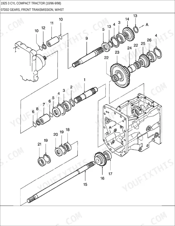 New Holland 1925, 1925 3 CYL exploded view of front transmission gears and shafts for HST models.