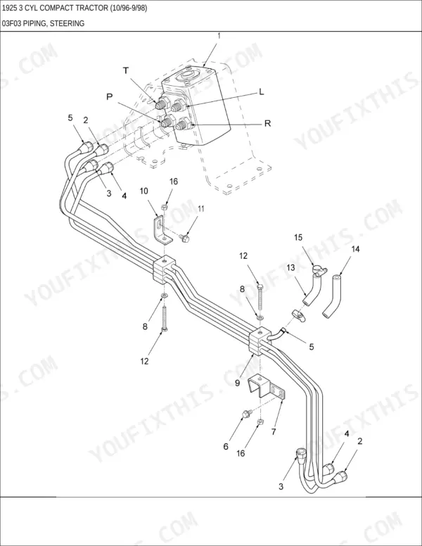 New Holland 1925, 1925 3 CYL exploded view diagram of steering piping, hydraulic lines, and mounting hardware.