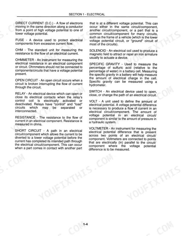 New Holland 2450, 2550 electrical section glossary defining terms like fuse, relay, solenoid, and voltage.