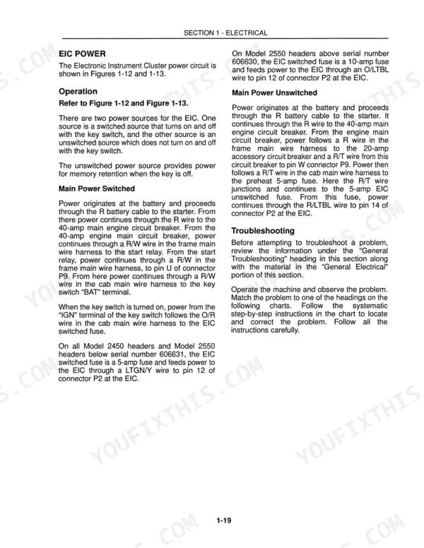 New Holland 2450, 2550 electrical manual page detailing EIC power operation, switched and unswitched circuit paths.