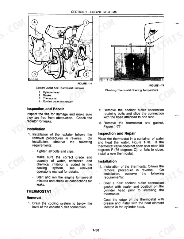 New Holland 250C, 260C, 345D, 445D, 545D thermostat removal, inspection, and installation procedures with diagrams.
