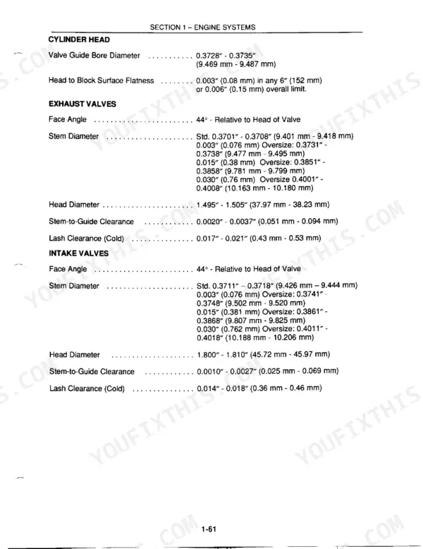 New Holland 250C, 260C, 345D, 445D, 545D engine cylinder head, intake, and exhaust valve specifications table.