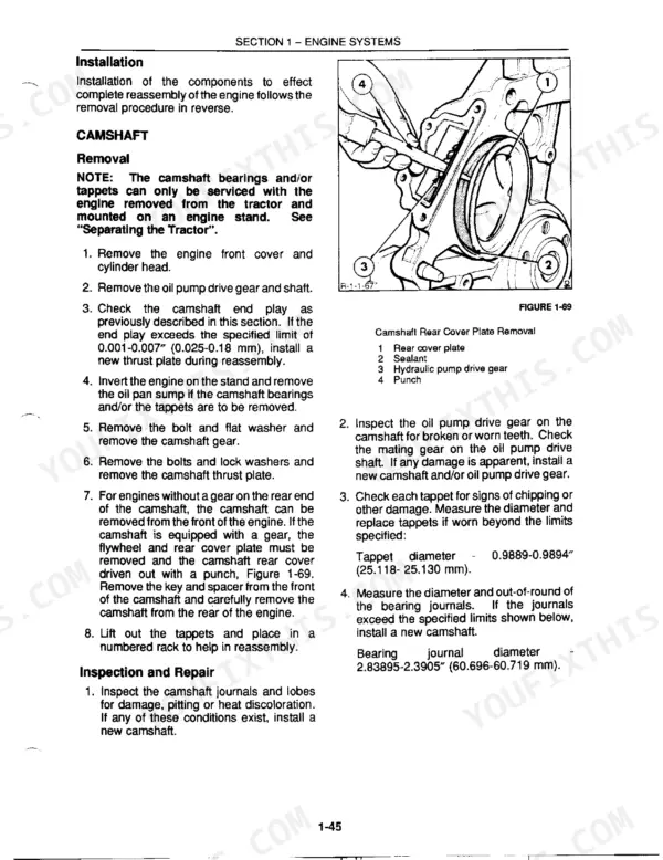 New Holland 250C, 260C, 345D, 445D, 545D camshaft removal and inspection procedures with rear cover plate diagram.