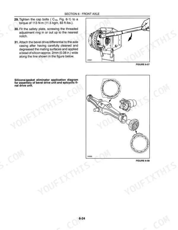 New Holland 3010S, 4010S, 5010S front axle assembly procedures, bevel drive torque specs, and silicone application diagram.