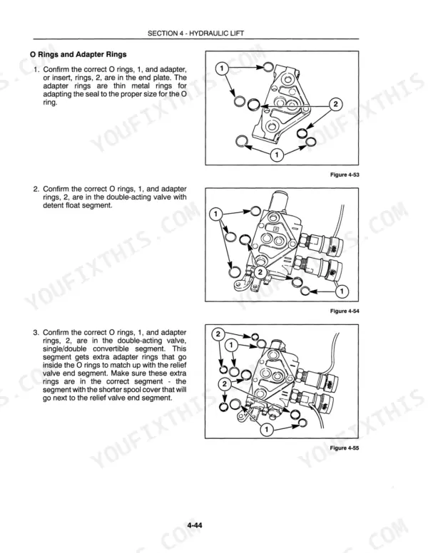New Holland 3010S, 4010S, 5010S hydraulic lift O-ring and adapter ring installation diagrams for valve segments.