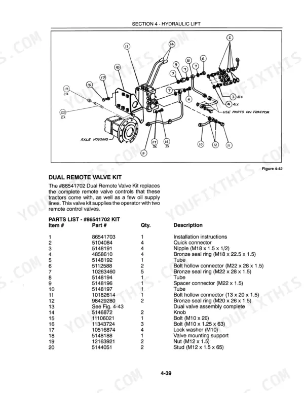 New Holland 3010S, 4010S, 5010S exploded view of dual remote valve kit and parts list for hydraulic lift system.