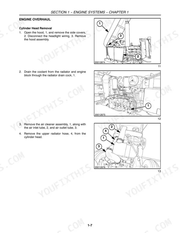 New Holland 3415 engine cylinder head removal procedure, hood, coolant drain, and air cleaner assembly diagrams.