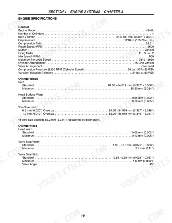 New Holland 3415 engine specifications table including cylinder block, head warp, and valve seat dimensions.