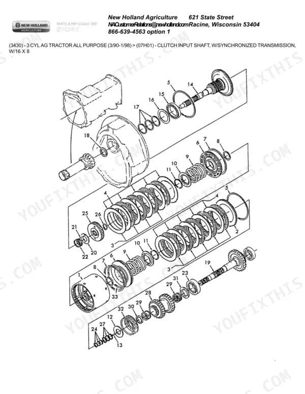 Ford New Holland 3430, 3930, 4130, 4630 exploded view of clutch input shaft.