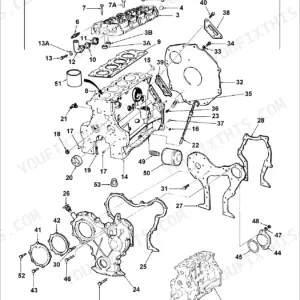 New Holland 4830, 5030 exploded view of engine cylinder block, head, and related parts with numbered components.